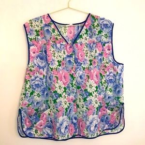 Floral Chore Smock Open Front Snap Blouse Apron